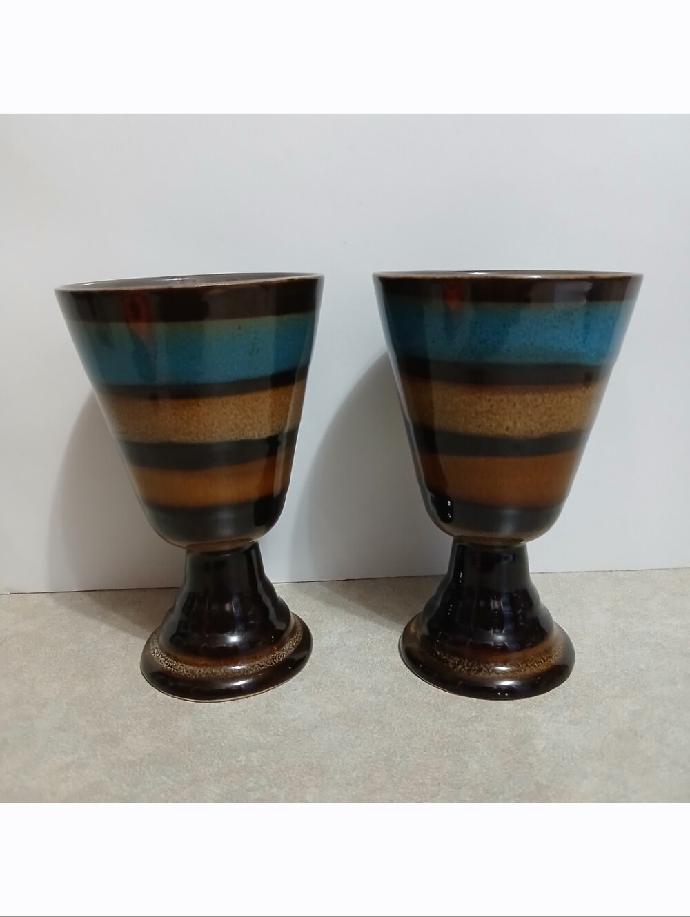 Garden Terrace Set of 2 Ceramic Multicolor Striped Wine Goblet Water Cup